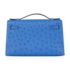 Kelly Pochette Bag Bleuet Ostrich Clutch Gold Hardware