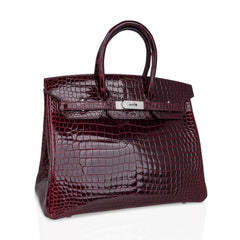 Birkin 35 Bag Diamond Bordeaux Porosus Crocodile with White Gold Hardware