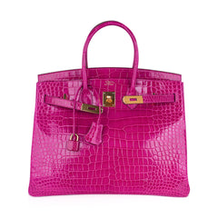Birkin 35 Bag Rose Scheherazade Porosus Crocodile with Gold Hardware