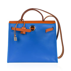 Herbag Zip 31 Bag Blue Frida Berline Canvas Vache Naturelle Leather with Palladium Hardware