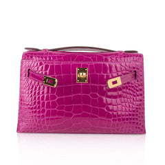 Kelly Pochette Clutch Bag Rose Scheherazade Pink Alligator Gold Hardware