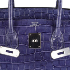 Birkin 35 Bag Blue Brighton Porosus Crocodile Palladium Hardware New