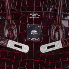 Birkin 35 Bag Diamond Bordeaux Porosus Crocodile with White Gold Hardware