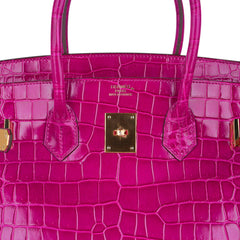Birkin 35 Bag Rose Scheherazade Porosus Crocodile with Gold Hardware
