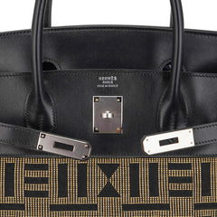 Limited Edition Vintage Horizons Birkin 40 Black Box Leather with Gold Embroidered Toile