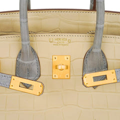 Special Order HSS Birkin 25 Bag in Matte Alligator Vanille and Gris Pearl Alligator with Brushed Gold Hardware