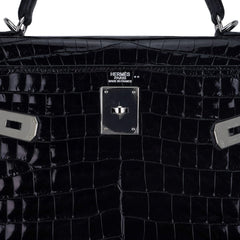 Kelly 32 Sellier Bag Black Crocodile with Palladium Hardware