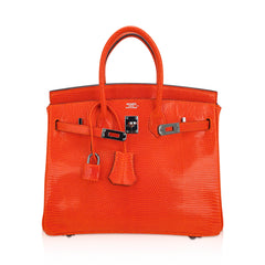 Birkin 25 Bag Orange Tangerine Lizard with Ruthenium Hardware