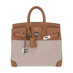 Limited Edition Birkin 25 Bag in Biscuit Swift Leather & Ecru Toile H with Palladium Hardware