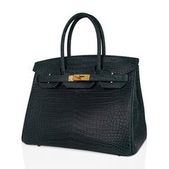 Birkin 30 Bag Vert Fonce Matte Porosus Crocodile with Gold Hardware