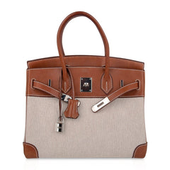 Birkin 30 Bag Toile / Barenia Leather Palladium w/ Crinoline Bag Charm