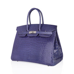 Birkin 35 Bag Blue Brighton Porosus Crocodile Palladium Hardware New