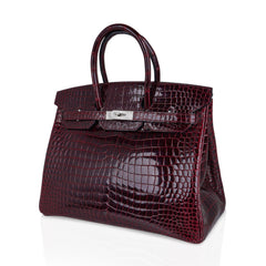 Birkin 35 Bag Diamond Bordeaux Porosus Crocodile with White Gold Hardware