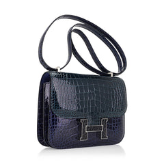 Mini Constance 18 Bag Tri-Color Blue Sapphire, Vert Rousseau, & Black Alligator with Palladium Hardware