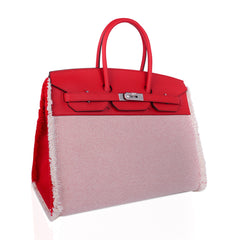 Limited Edition Birkin 35 Bag Fray Fray Framboise Toile and Swift Leather with Palladium Hardware