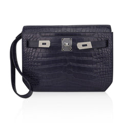 Kelly Depeches 25 Pouch Blue Indigo Matte Alligator with Palladium Hardware