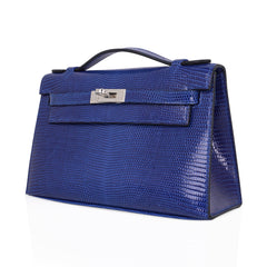 Kelly Pochette Bag Blue Sapphire Lizard Clutch Palladium Hardware