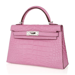 Kelly 20 Mini Sellier Bag 5P Pink Matte Alligator Palladium Limited Edition