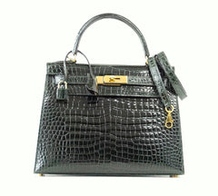 Kelly 28 Bag Exotic Vert Fonce Porosus Crocodile Gold