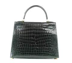 Kelly 28 Bag Exotic Vert Fonce Porosus Crocodile Gold