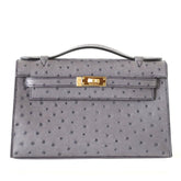 Kelly Pochette Clutch Bag Ostrich Gris Agate Gold Hardware