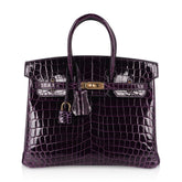 Birkin 25 Bag Aubergine Niloticus Crocodile with Gold Hardware
