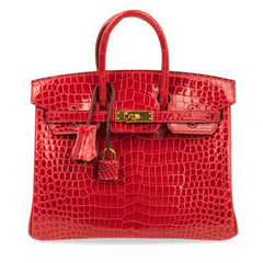 Birkin 25 Bag Red Braise Porosus Crocodile Gold Hardware Lipstick Red