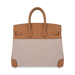 Limited Edition Birkin 25 Bag in Biscuit Swift Leather & Ecru Toile H with Palladium Hardware
