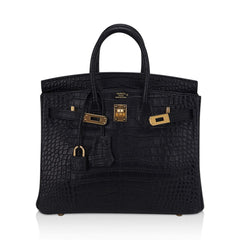 Birkin 25 Bag Black Matte Alligator with Gold Hardware