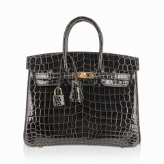 Birkin 25 Bag Graphite Crocodile with Gold Hardware