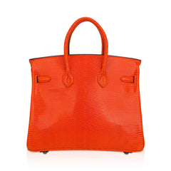 Birkin 25 Bag Orange Tangerine Lizard with Ruthenium Hardware