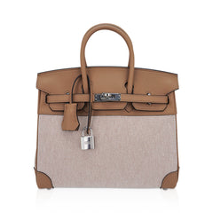 Limited Edition Birkin 25 Bag Ecru Toile H Chai Swift Leather with Palladium Hardware