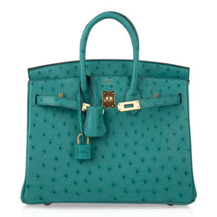 Birkin 25 Bag Vert Verone Ostrich Gold Hardware