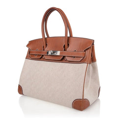 Birkin 30 Bag Toile / Barenia Leather Palladium w/ Crinoline Bag Charm