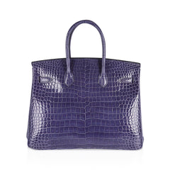 Birkin 35 Bag Blue Brighton Porosus Crocodile Palladium Hardware New