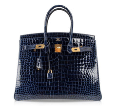 Birkin 35 Bag Blue Sapphire Porosus Crocodile Gold Hardware New