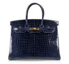 Birkin 35 Bag Blue Sapphire Porosus Crocodile Gold Hardware New