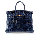 Birkin 35 Bag Blue Sapphire Porosus Crocodile Gold Hardware New