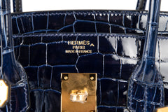 Birkin 35 Bag Blue Sapphire Porosus Crocodile Gold Hardware New