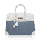Limited Edition Vintage Birkin 35 Blue Denim Toile White Epsom Leather with Brushed Palladium Hardware