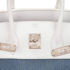 Limited Edition Vintage Birkin 35 Blue Denim Toile White Epsom Leather with Brushed Palladium Hardware