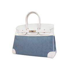 Limited Edition Vintage Birkin 35 Blue Denim Toile White Epsom Leather with Brushed Palladium Hardware