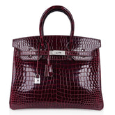 Birkin 35 Bag Diamond Bordeaux Porosus Crocodile with White Gold Hardware