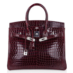 Birkin 35 Bag Diamond Bordeaux Porosus Crocodile with White Gold Hardware