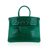 Birkin 35 Bag Emerald Porosus Crocodile with Palladium Hardware