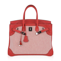 Limited Edition Birkin 35 Ghillies Bag Sanguine Toile and Swift Leather with Palladium Hardware