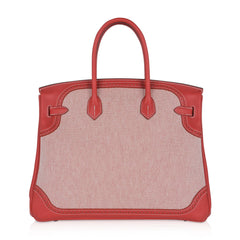 Limited Edition Birkin 35 Ghillies Bag Sanguine Toile and Swift Leather with Palladium Hardware