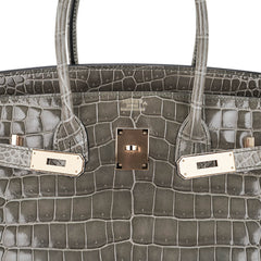 Birkin 35 Bag Gris Tourterelle Porosus Crocodile with Gold Hardware