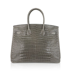 Birkin 35 Bag Gris Tourterelle Porosus Crocodile with Gold Hardware