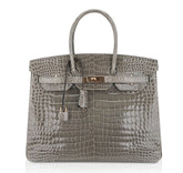 Birkin 35 Bag Gris Tourterelle Porosus Crocodile with Gold Hardware
